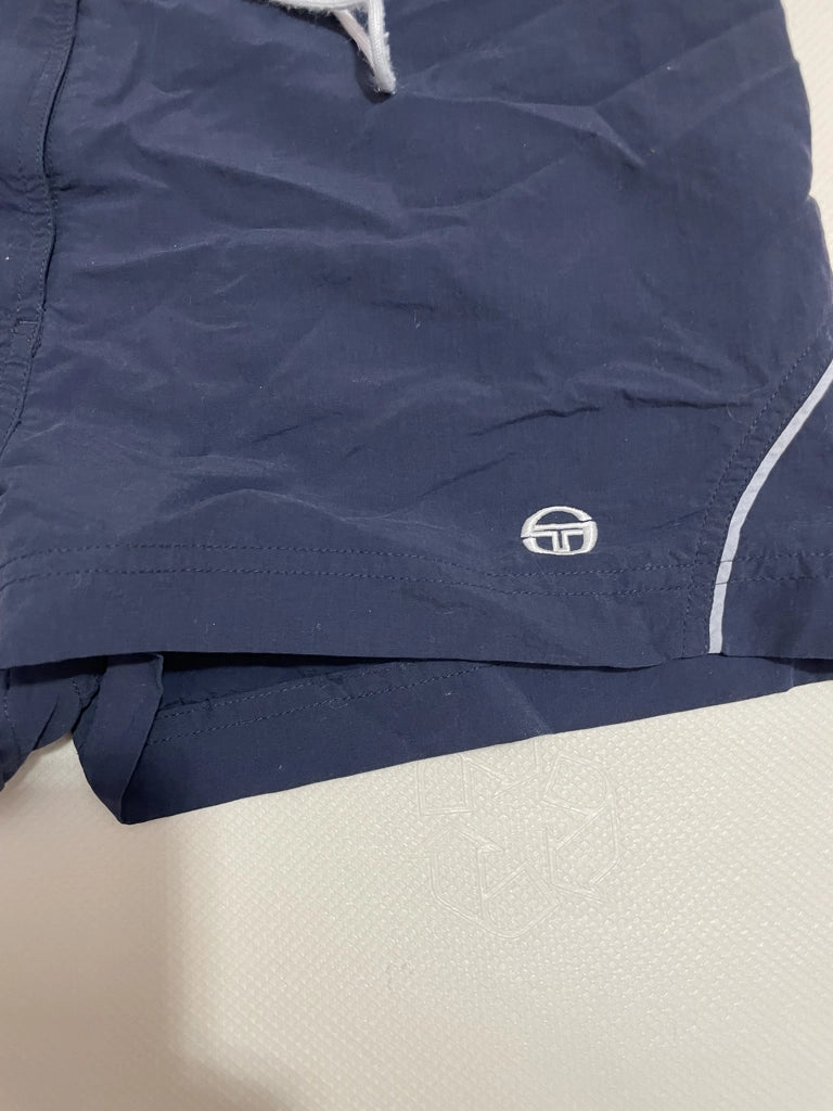 Retro Navy Blue Sport Shorts White Drawstring Vintage Swimwear (S)