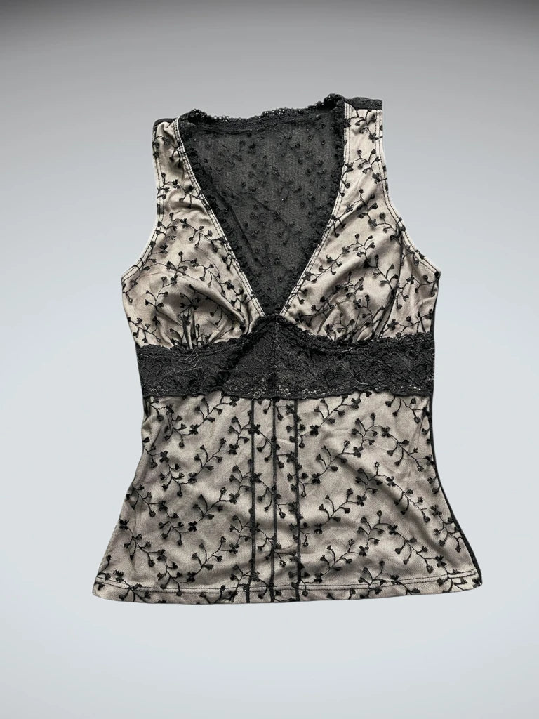 Black Beige Lace Floral Camisole (S)