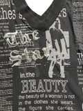Black Text Print V-Neck Top (M)