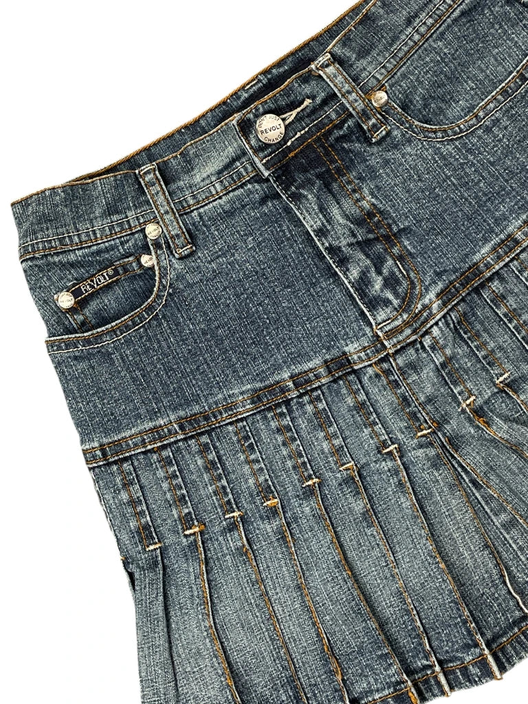 Revolt Pleated Blue Vintage Denim Skirt (XS)