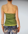 Lime Green Ribbed Cami Top Scallop Lace Trim Retro Vibe (S)