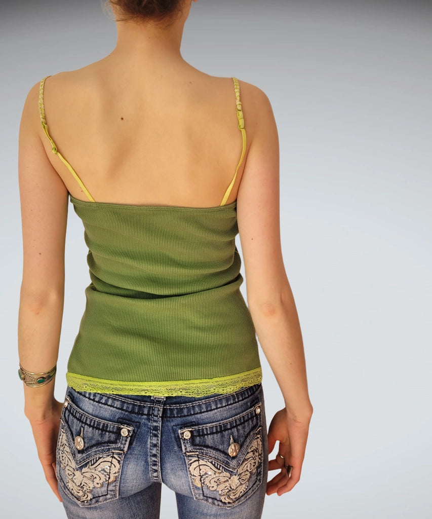 Lime Green Ribbed Cami Top Scallop Lace Trim Retro Vibe (S)