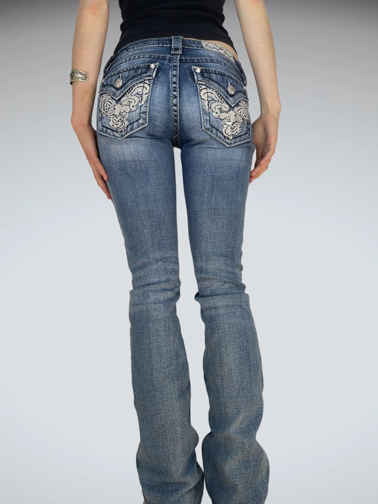 Embellished Low Rise Bootcut Jeans Miss Me Vintage Denim (S)