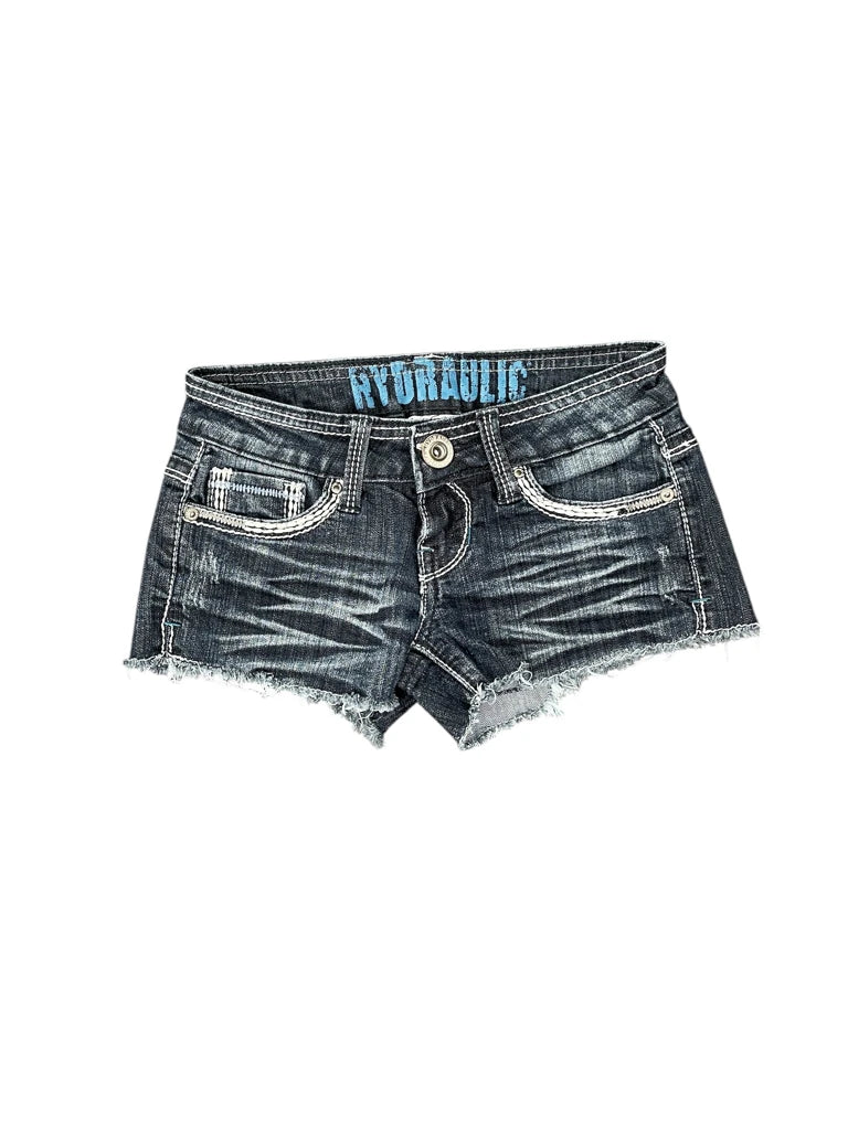 Hydraulic Dark Wash Embroidered Pocket Hotpants (S)