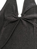 Shimmering Black Halter Top with Rhinestone Ring Accent (S)