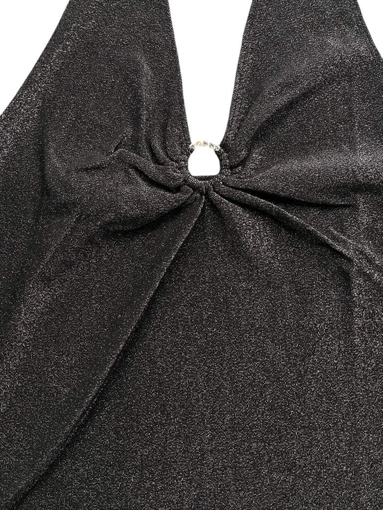 Shimmering Black Halter Top with Rhinestone Ring Accent (S)
