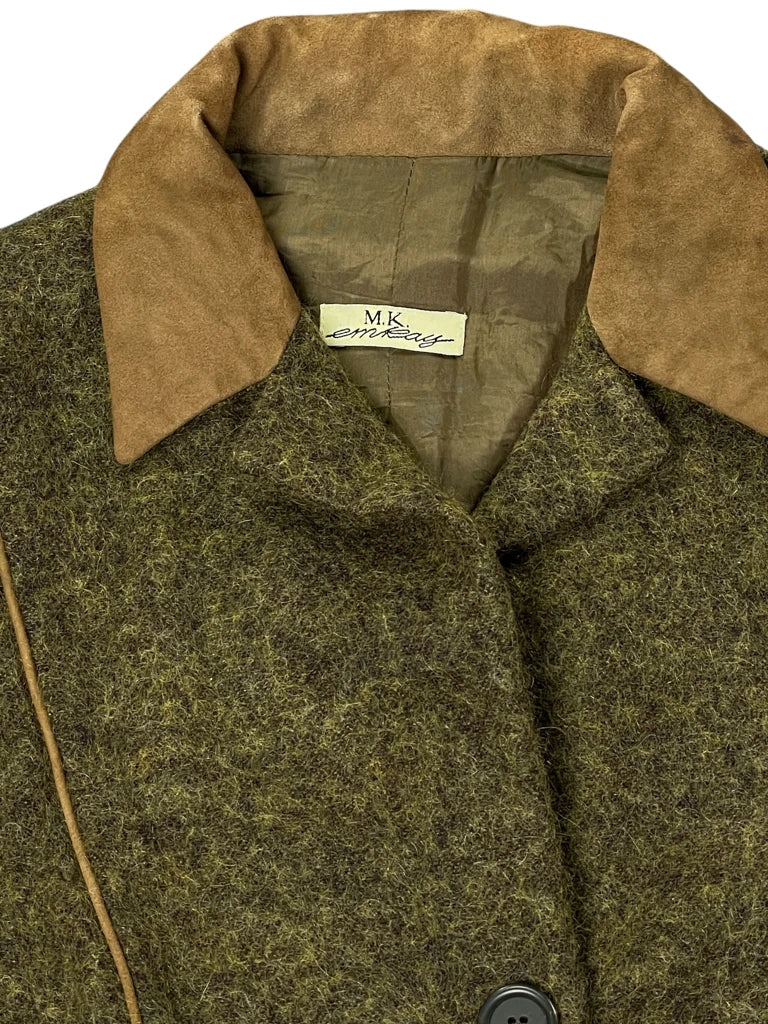 Vintage Green Wool-Blend Blazer with Suede Collar (L)