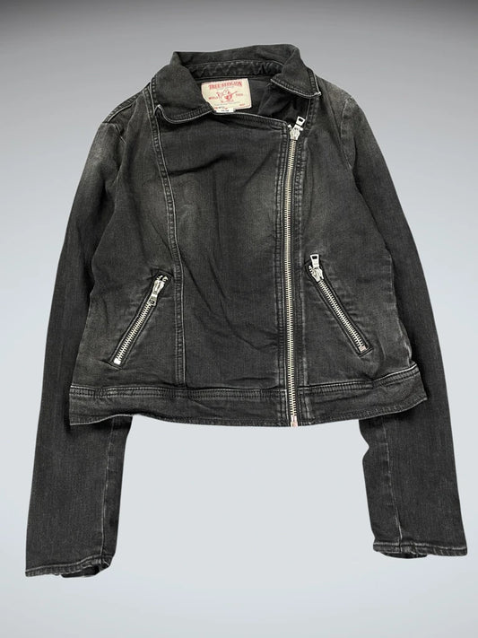 Black Ash Washed Biker Denim Jacket (M)