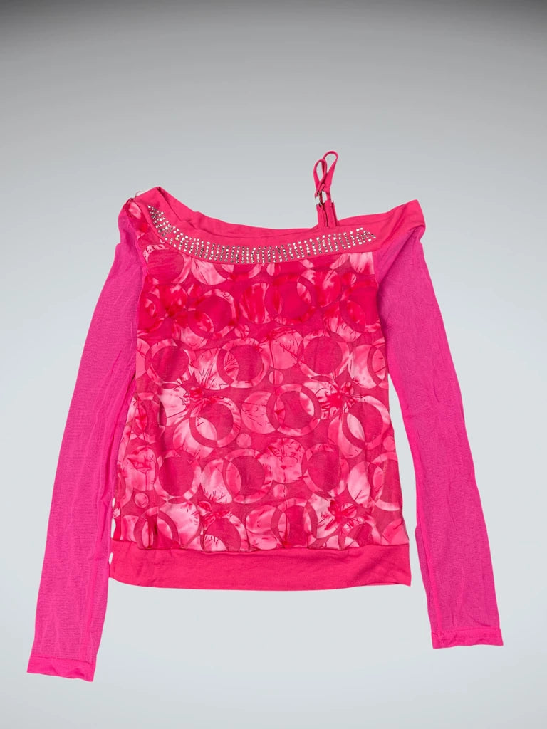 Y2K pink rhinestone mesh sheer top (S)