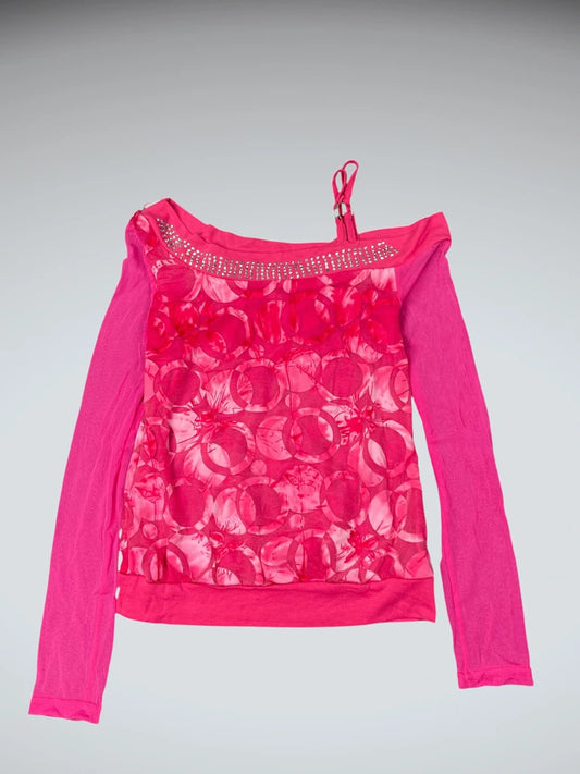 Y2K pink rhinestone mesh sheer top (S)