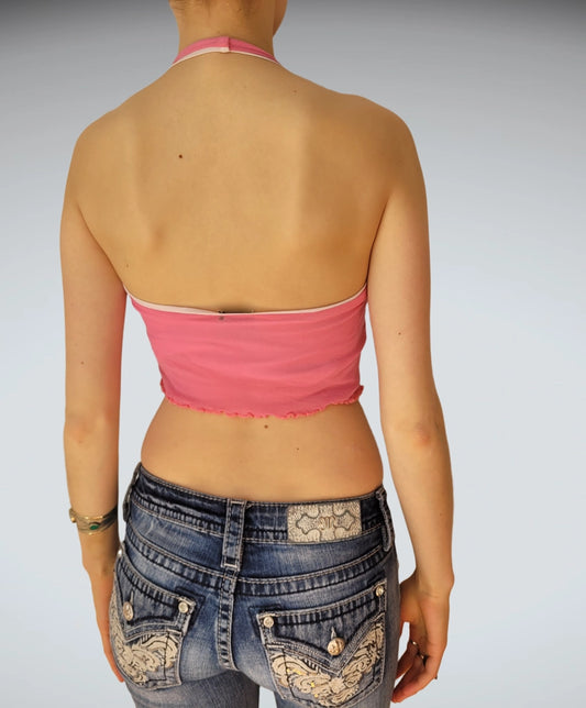 Neon Pink Mesh Halter Crop Top Extasy Girl Y2K Vibe (XS)