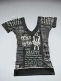 Black Text Print V-Neck Top (M)