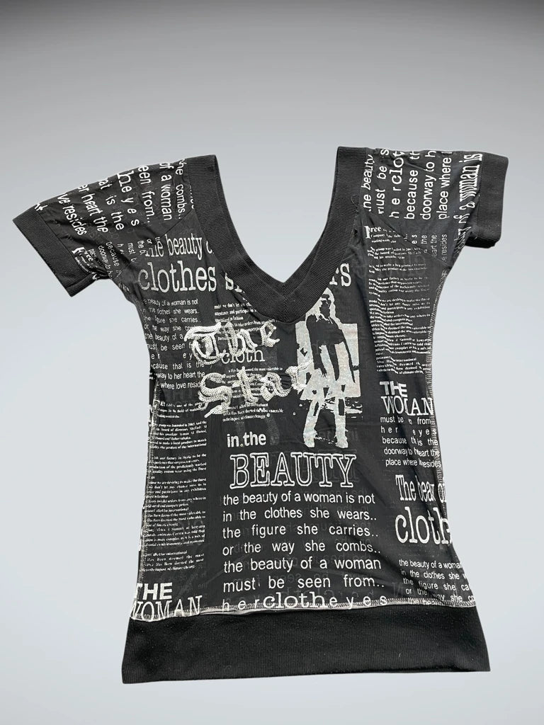 Black Text Print V-Neck Top (M)
