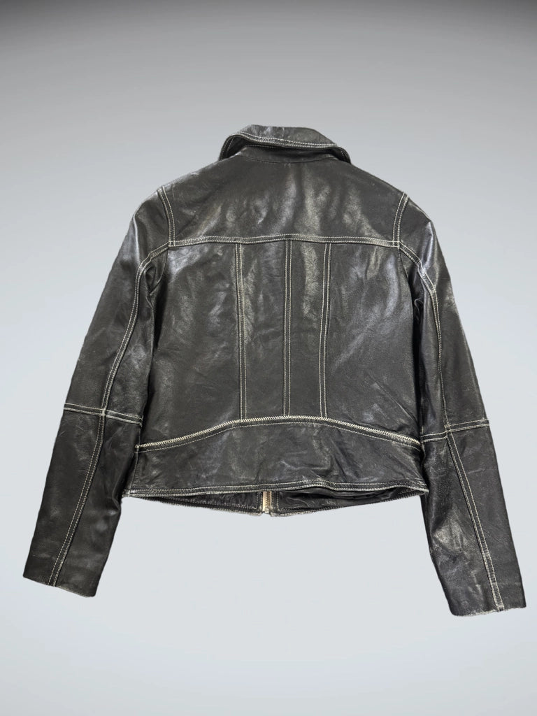 Vintage Black Faux Leather Jacket with Yellow Detail Women (XS)