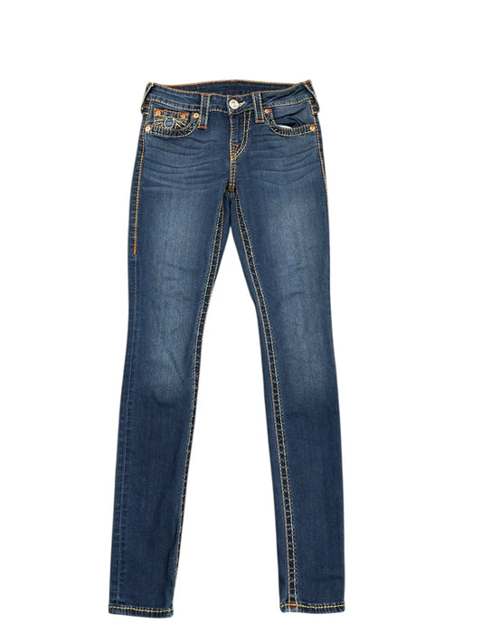 Dark Blue Skinny Jeans with Orange Stitch Accents (XS)