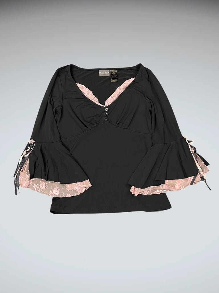 Bisou Bisou Lace Bell-Sleeve Black Top (S)