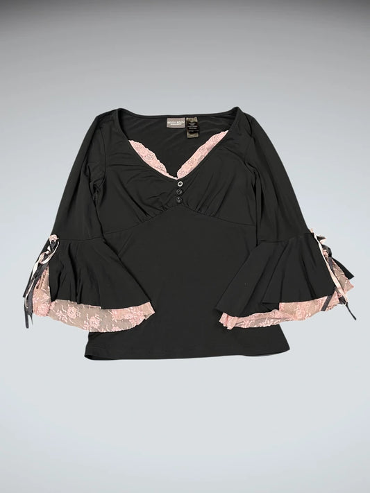 Bisou Bisou Lace Bell-Sleeve Black Top (S)