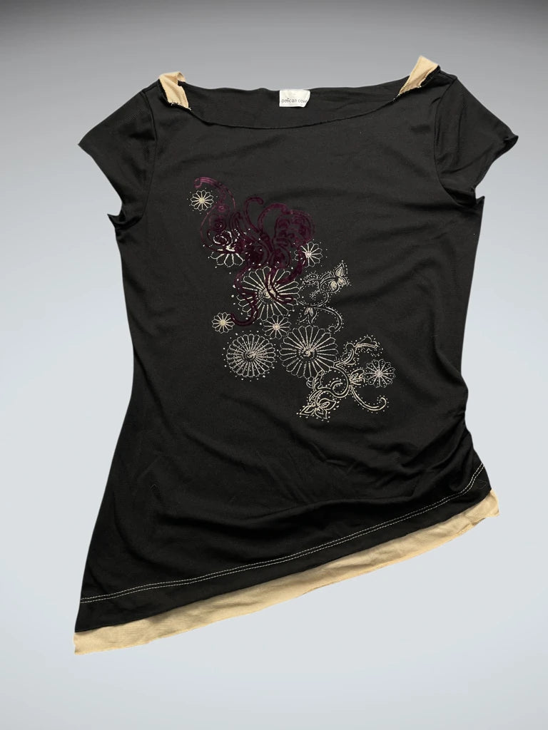 Black Floral Chest Print Asymmetric Top (S)
