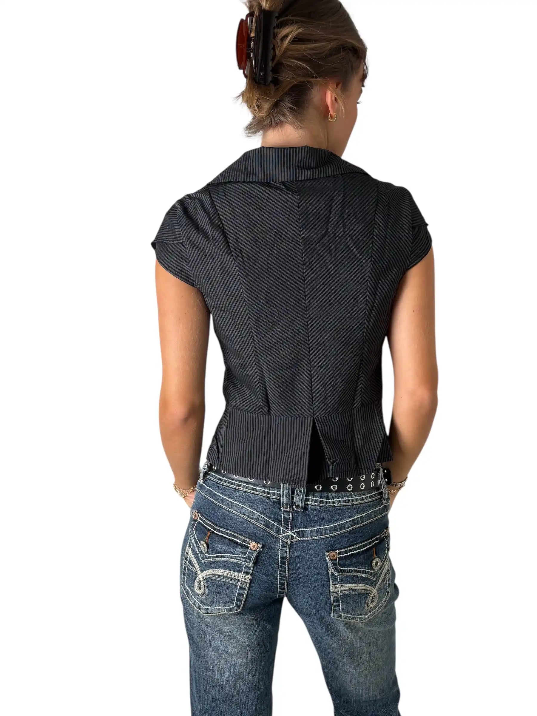 Black Pinstripe Fitted Vest Top with Statement Buttons (S)