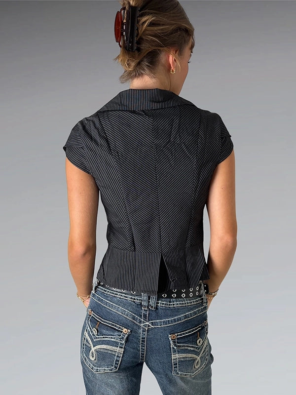 Black Pinstripe Fitted Vest Top with Statement Buttons (S)