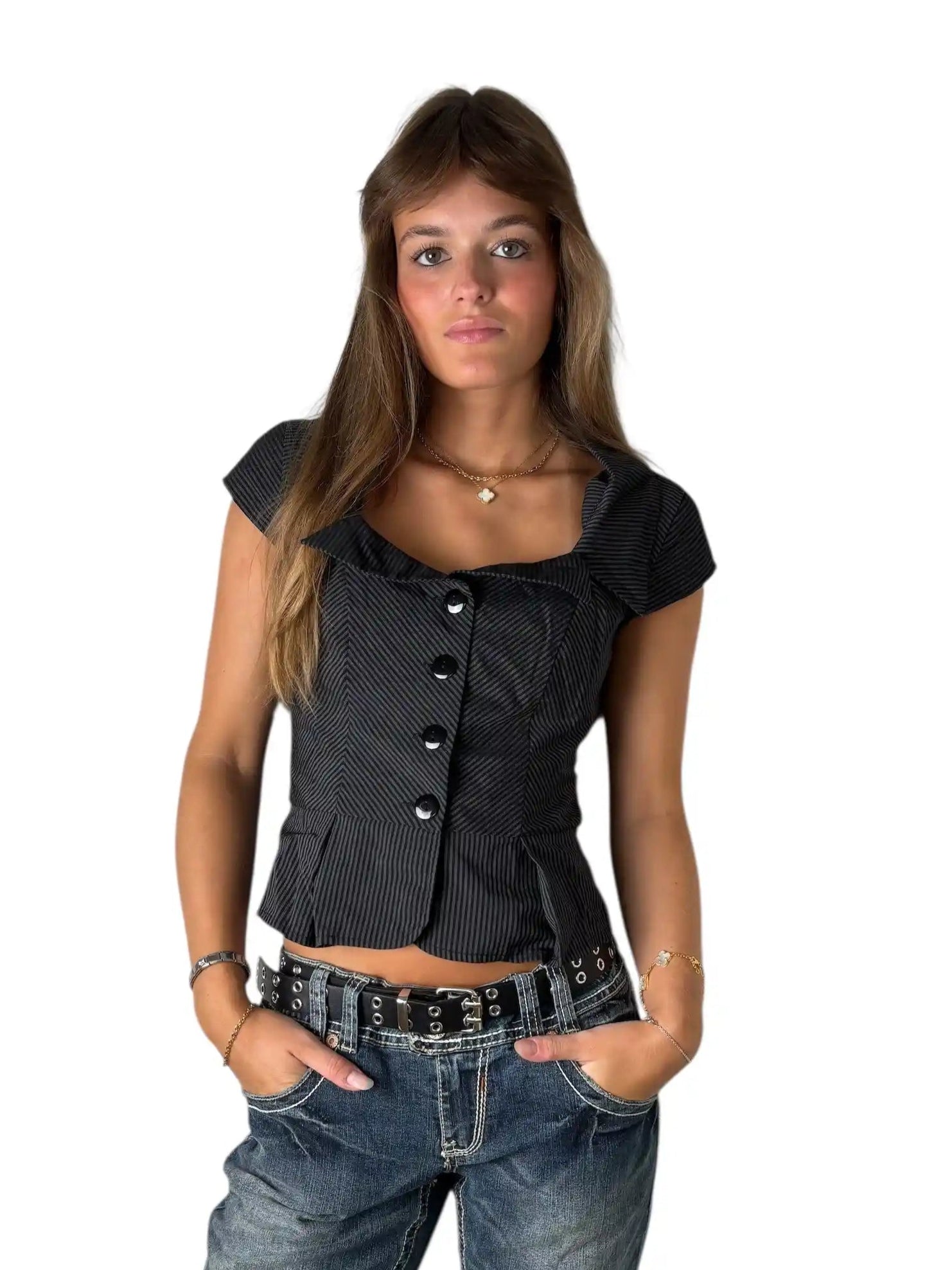 Black Pinstripe Fitted Vest Top with Statement Buttons (S)