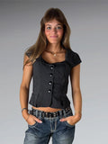 Black Pinstripe Fitted Vest Top with Statement Buttons (S)