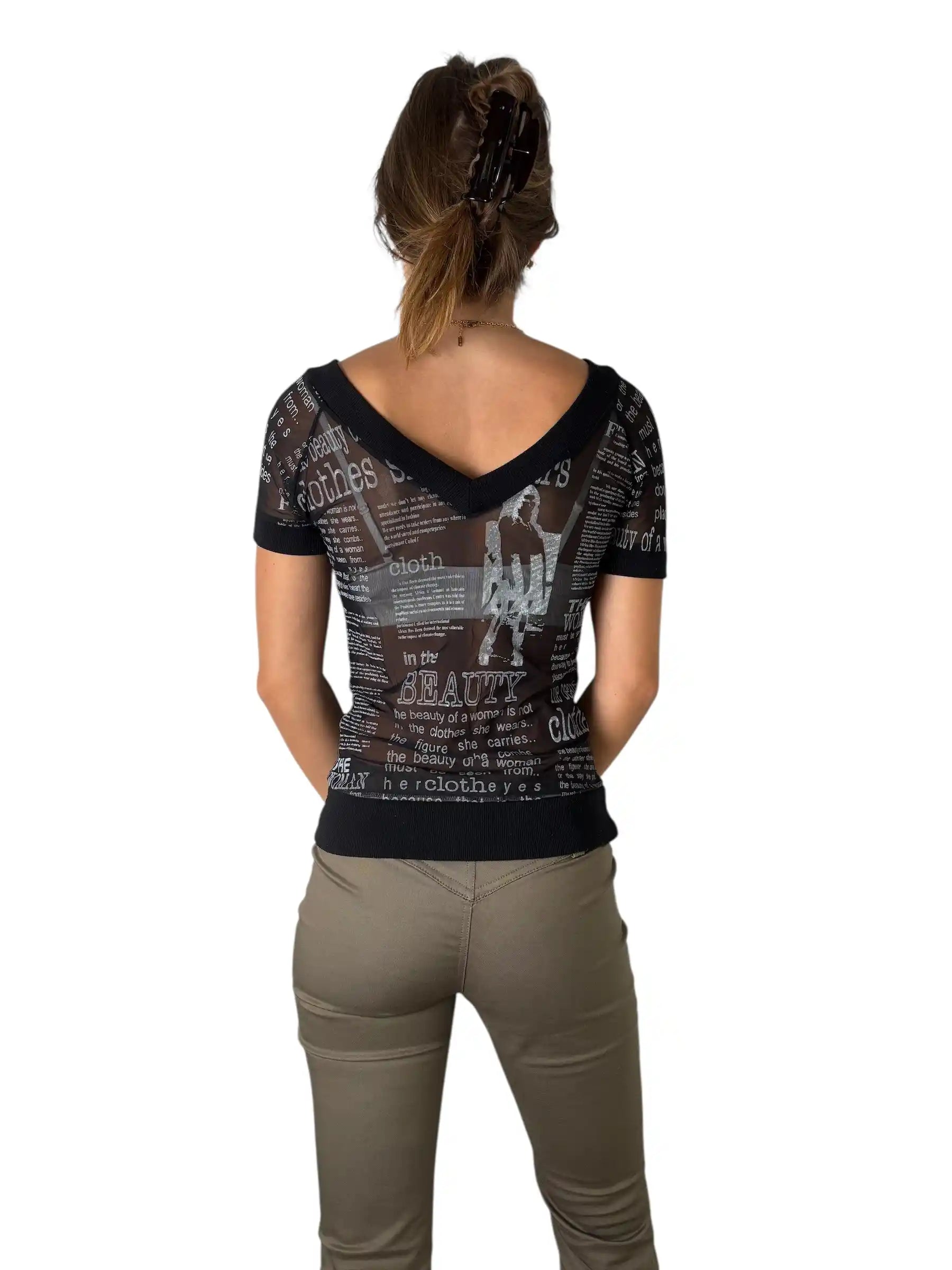 Black Text Print V-Neck Top (M)