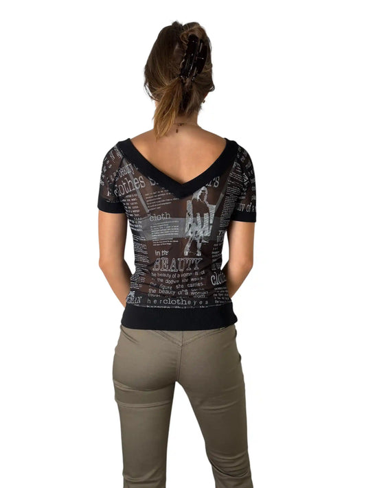 Black Text Print V-Neck Top (M)