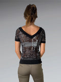 Black Text Print V-Neck Top (M)
