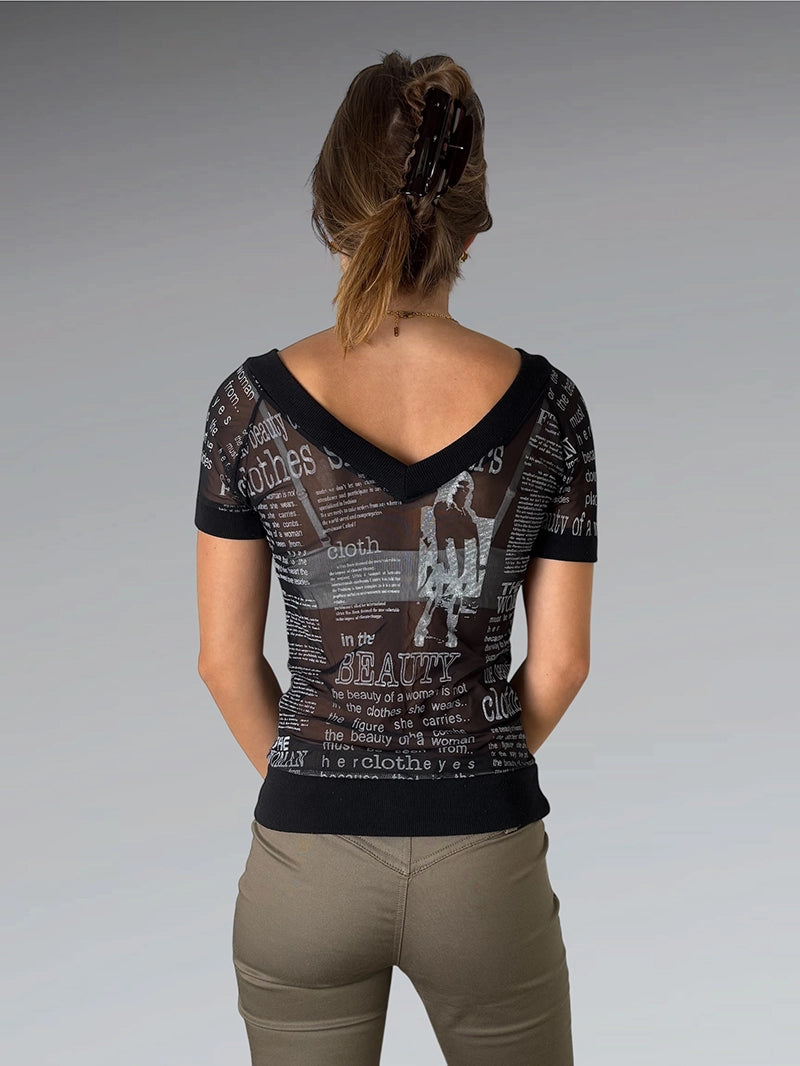 Black Text Print V-Neck Top (M)