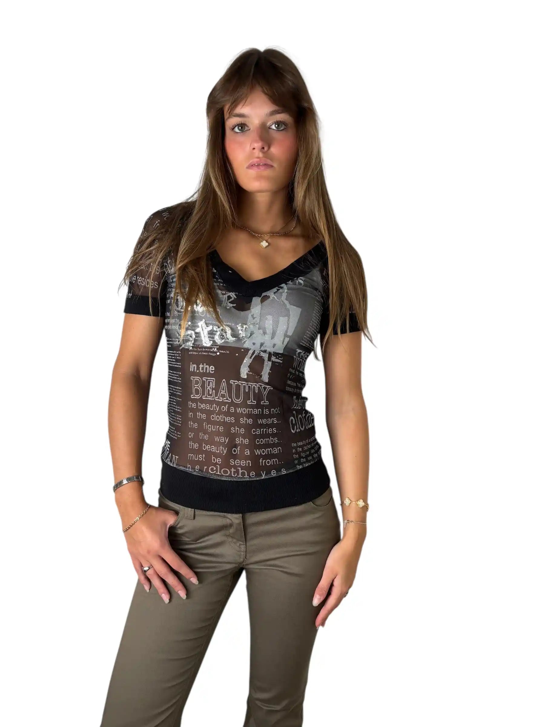 Black Text Print V-Neck Top (M)