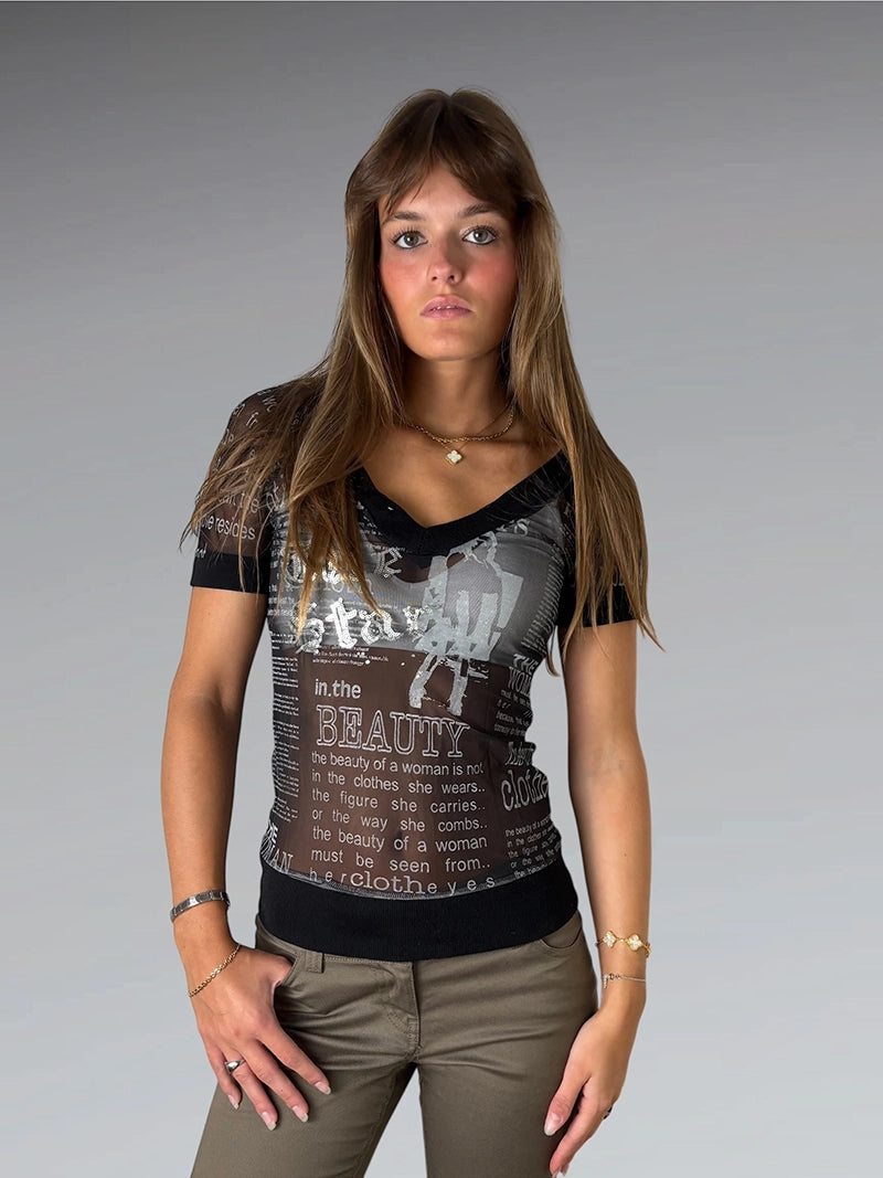 Black Text Print V-Neck Top (M)