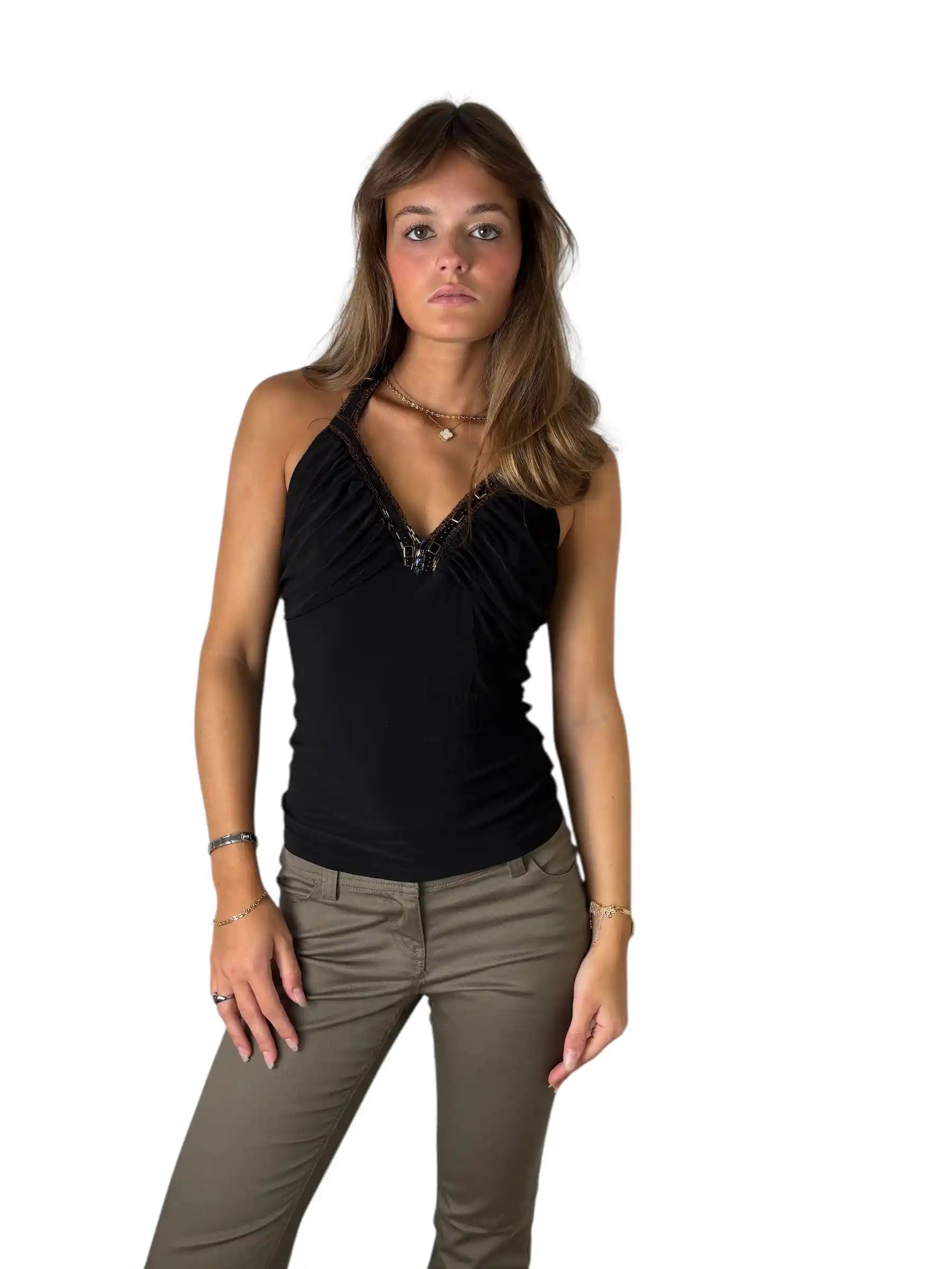 Black Halter Top with Stone Embellished Neckline (S)