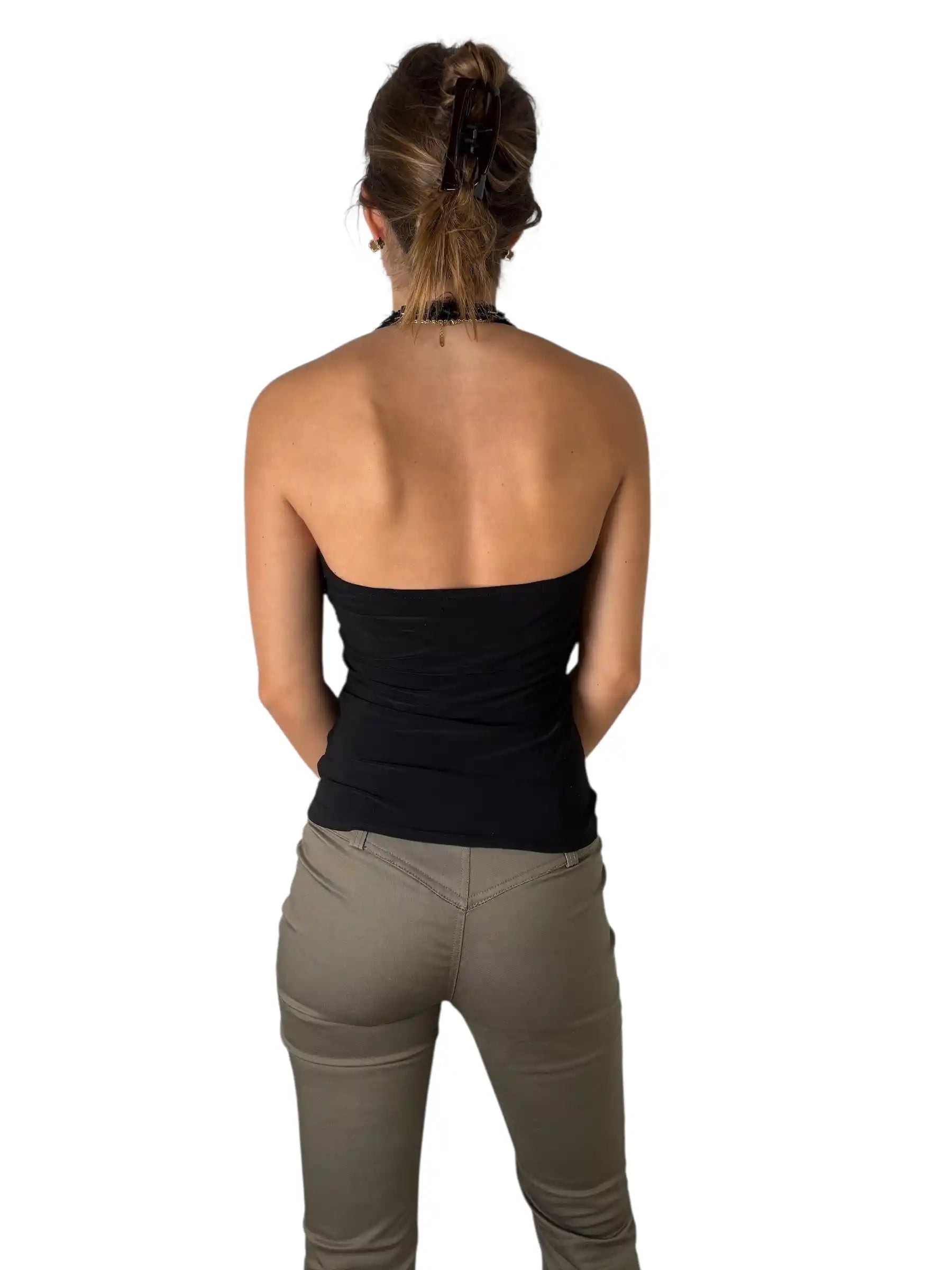 Black Halter Top with Stone Embellished Neckline (S)
