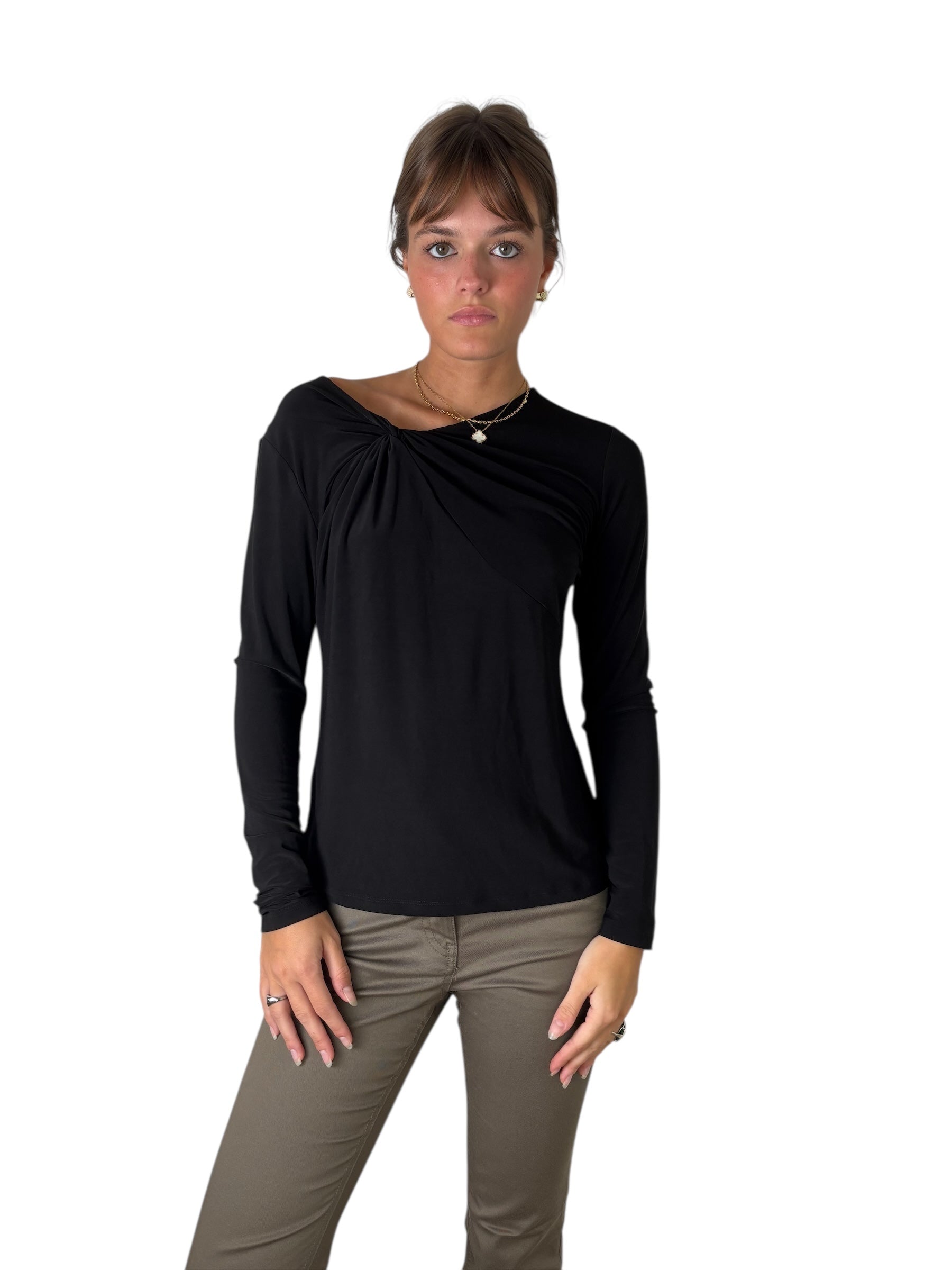 Minimal Knot-Front Long Sleeve Top in Black (S)