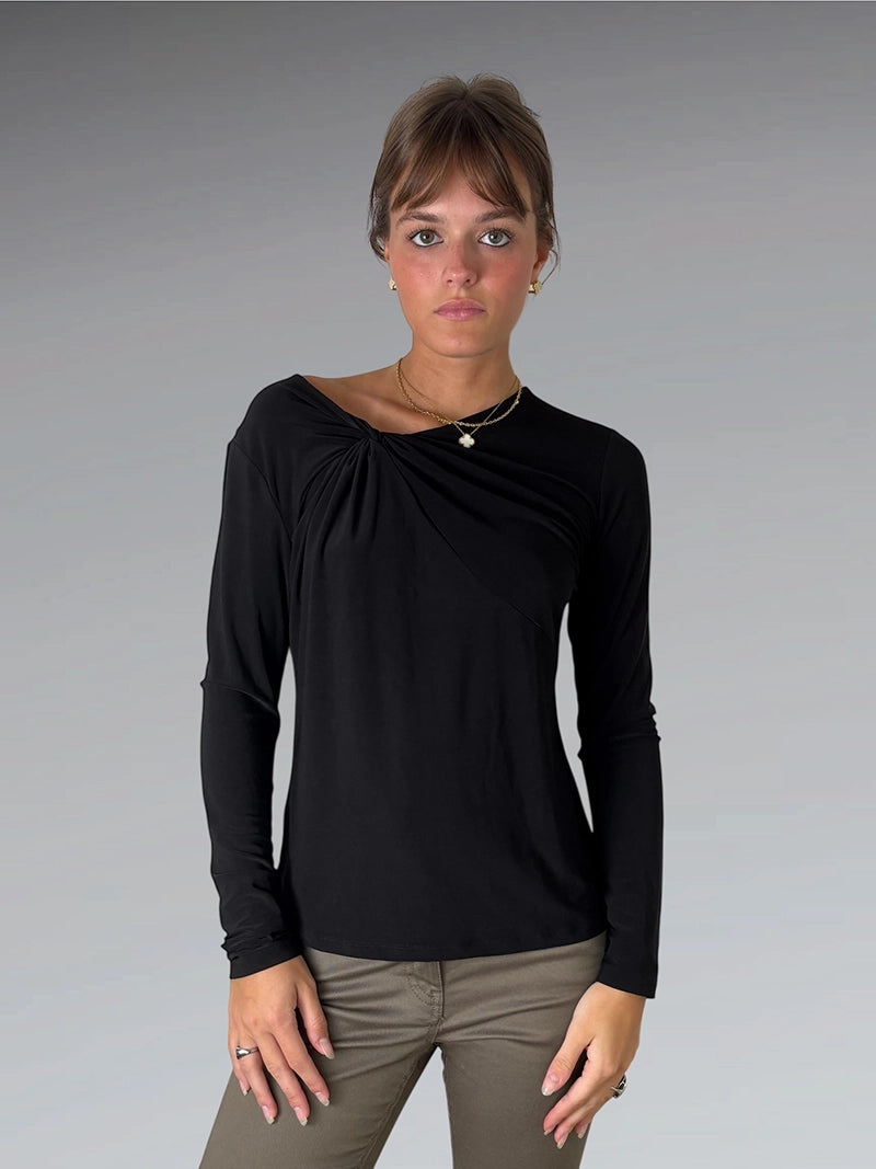 Minimal Knot-Front Long Sleeve Top in Black (S)