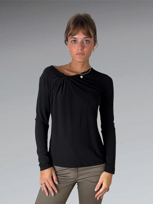 Minimal Knot-Front Long Sleeve Top in Black (S)