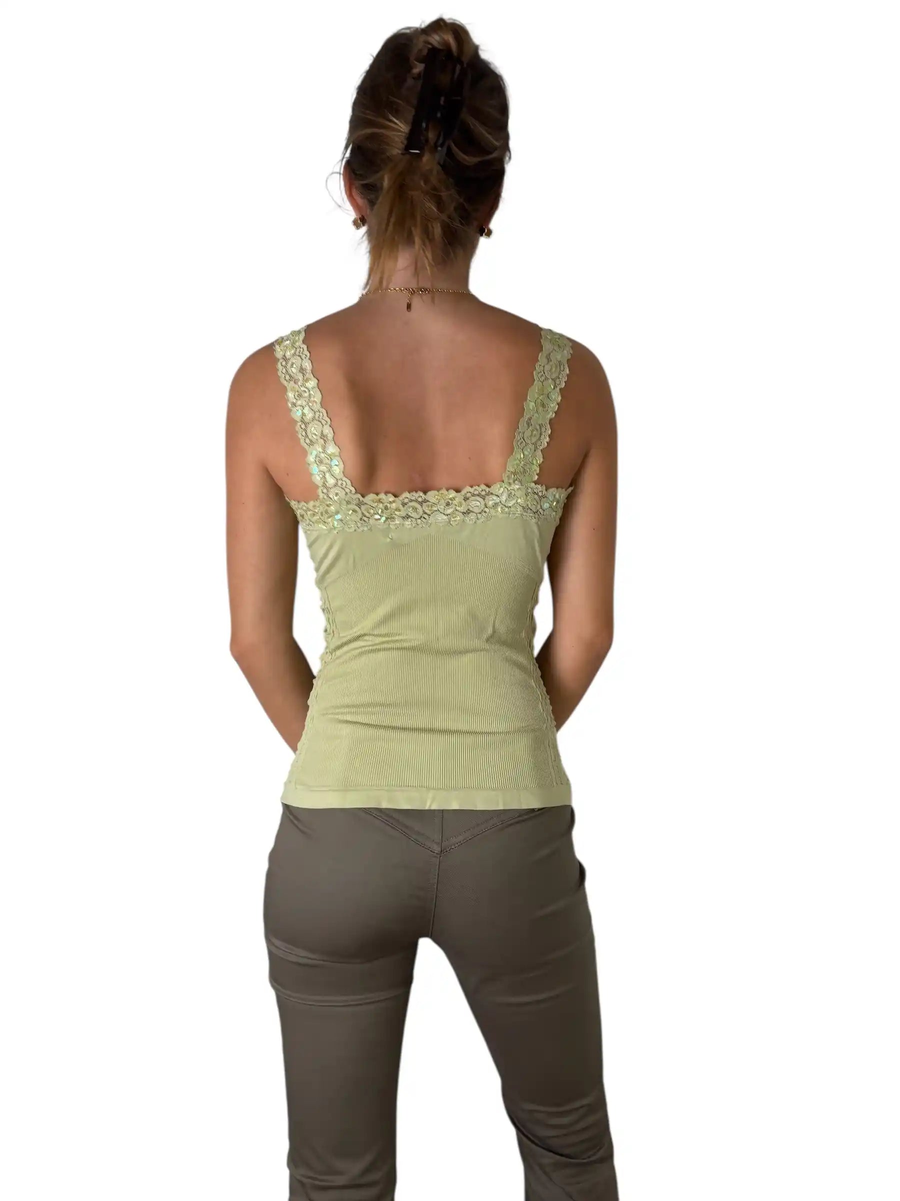 Light Green Ruched Floral Sequin Strap Top (S)