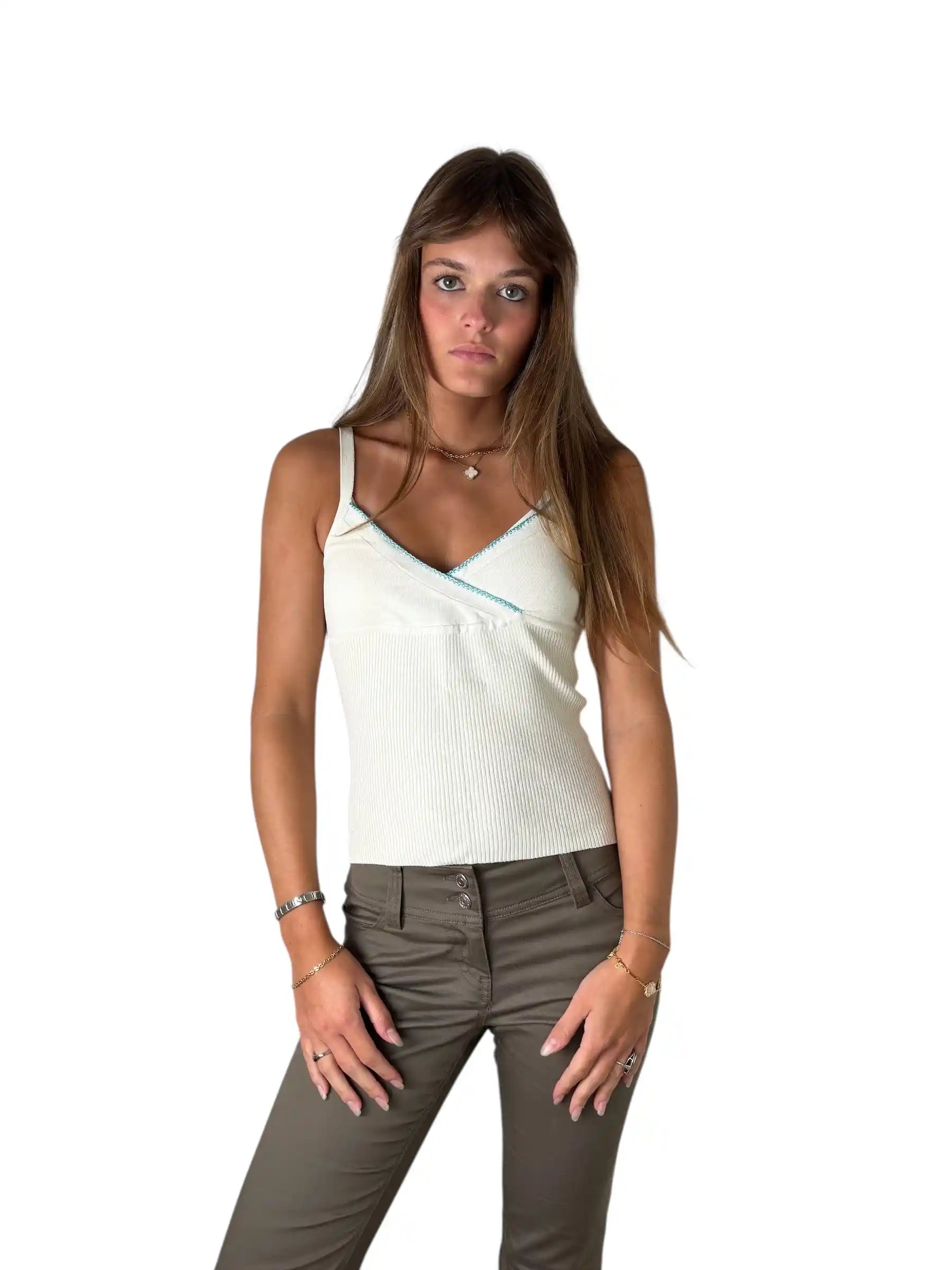 Beige Knit Tank Top with Blue Trim (M)