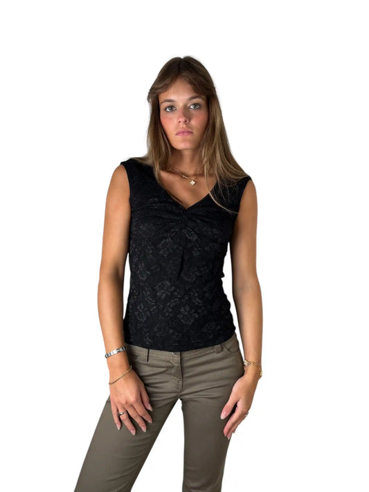 Black Lace V-Neck Top with Elegant Twist Detail (S)