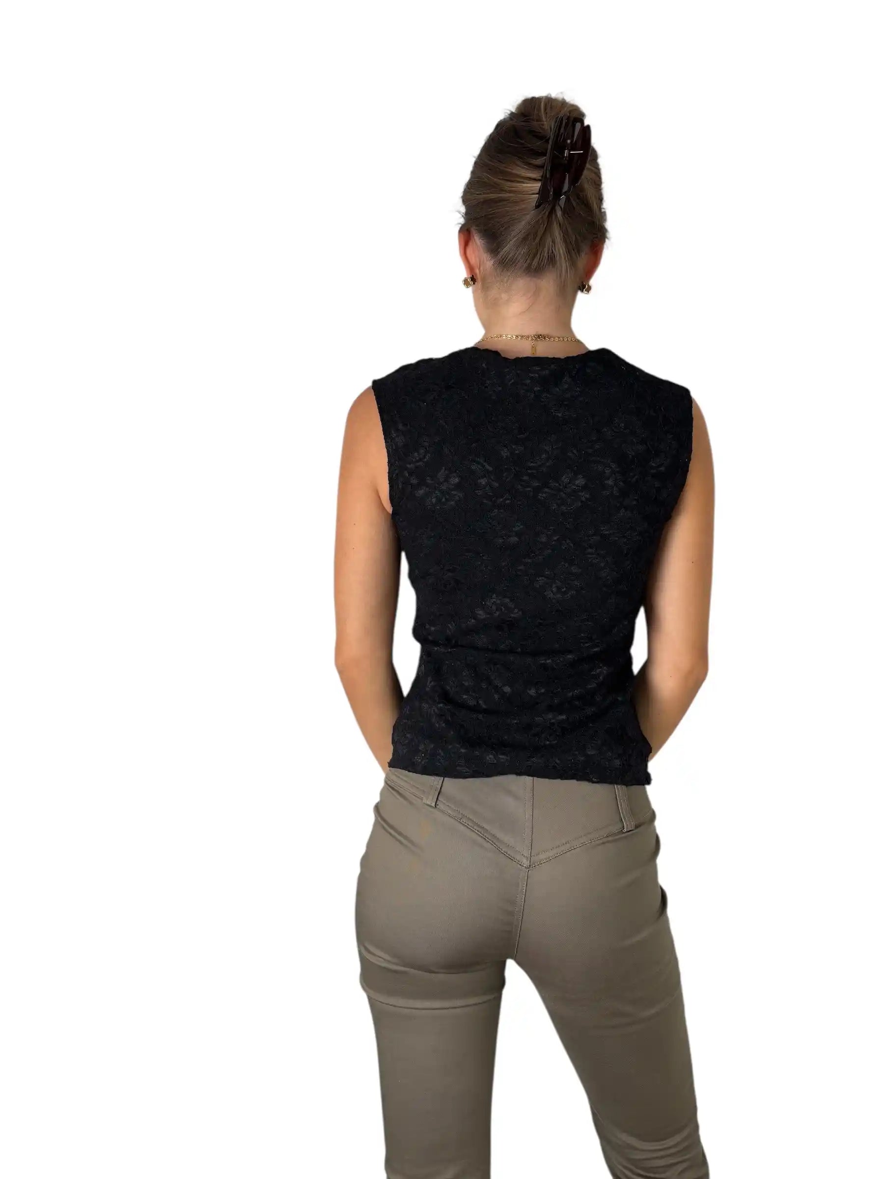Black Lace V-Neck Top with Elegant Twist Detail (S)