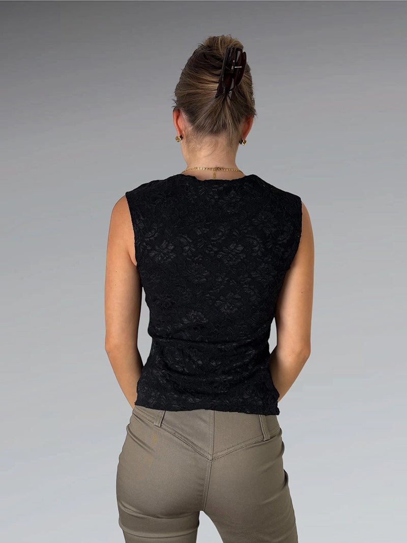 Black Lace V-Neck Top with Elegant Twist Detail (S)