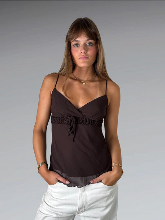 Elegant Brown Spaghetti Strap Dress Top (S)