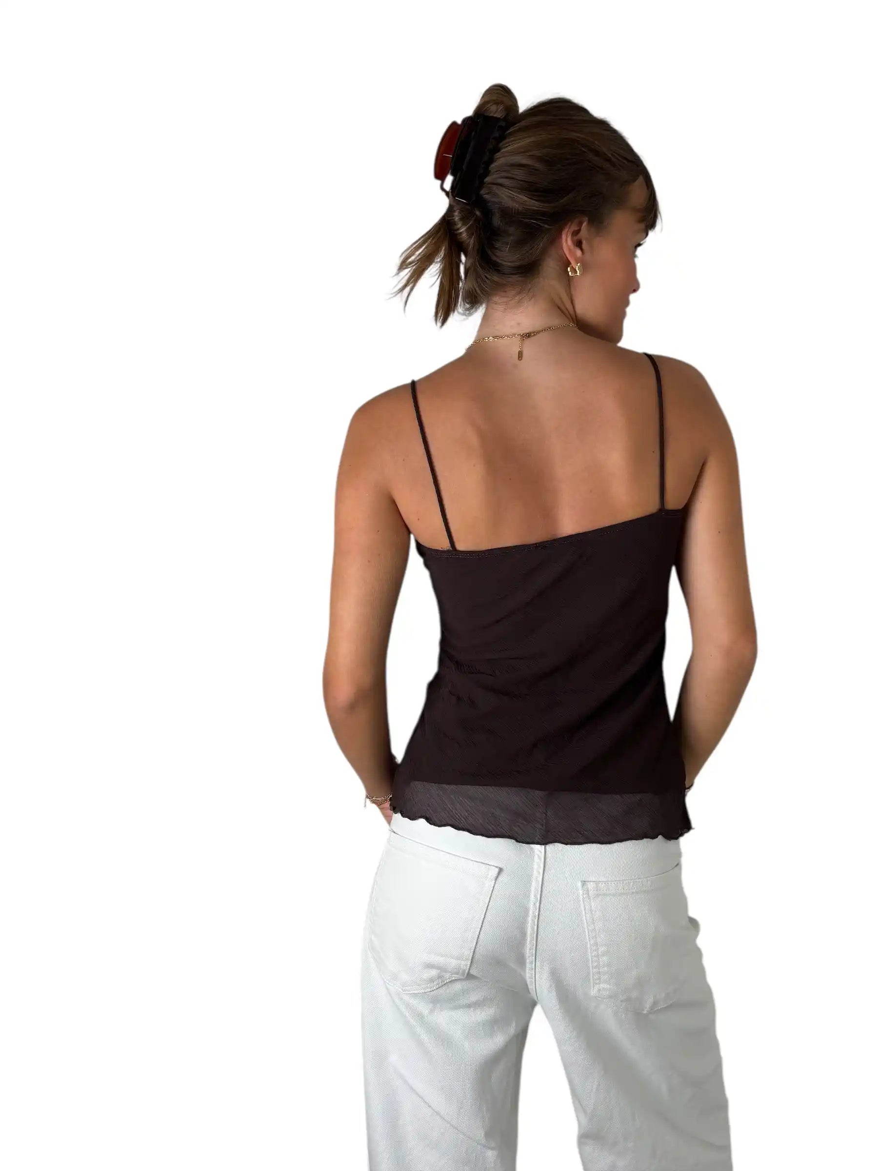 Elegant Brown Spaghetti Strap Dress Top (S)