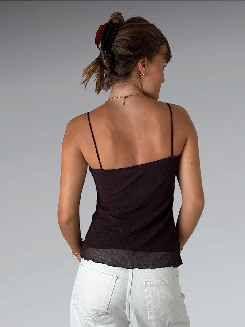 Elegant Brown Spaghetti Strap Dress Top (S)