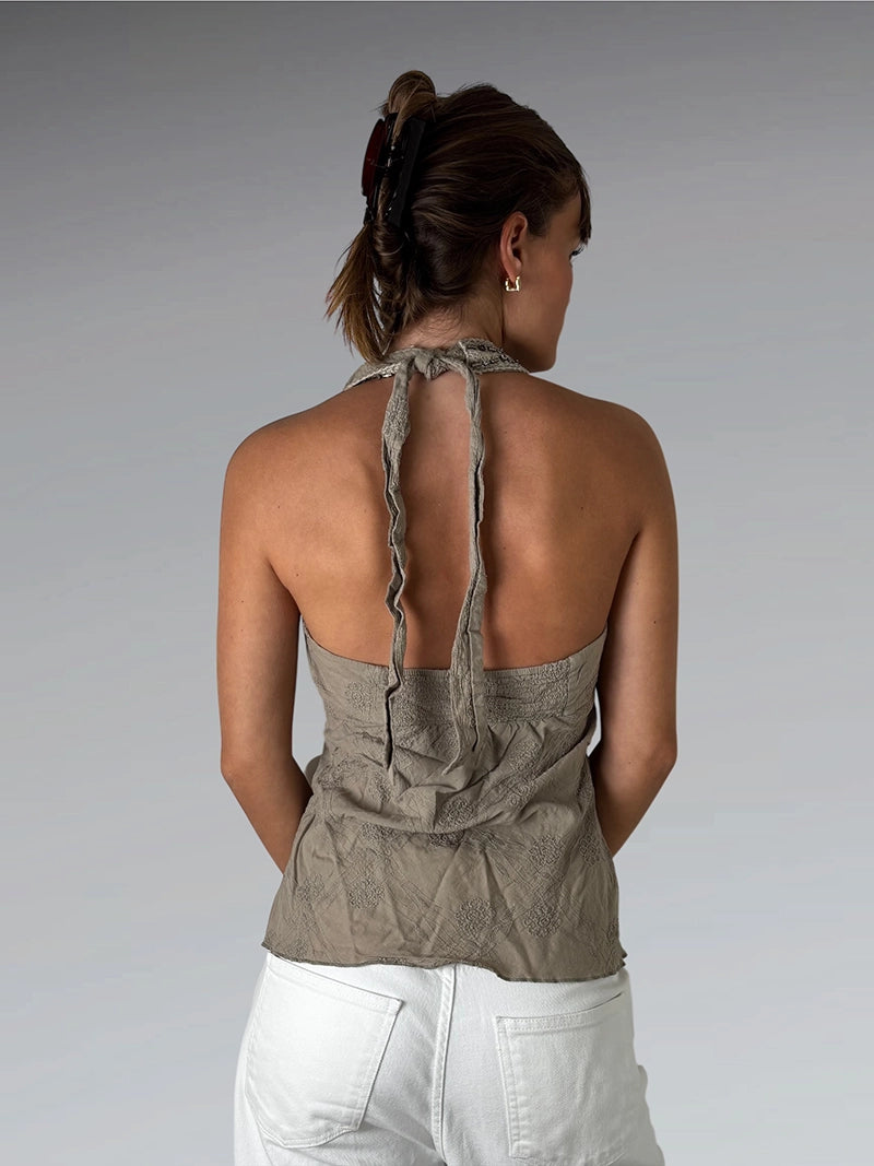 Grey Boho Embellished Halter Top (M)