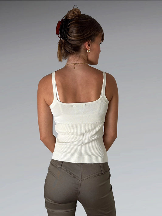 Beige Knit Tank Top with Blue Trim (M)