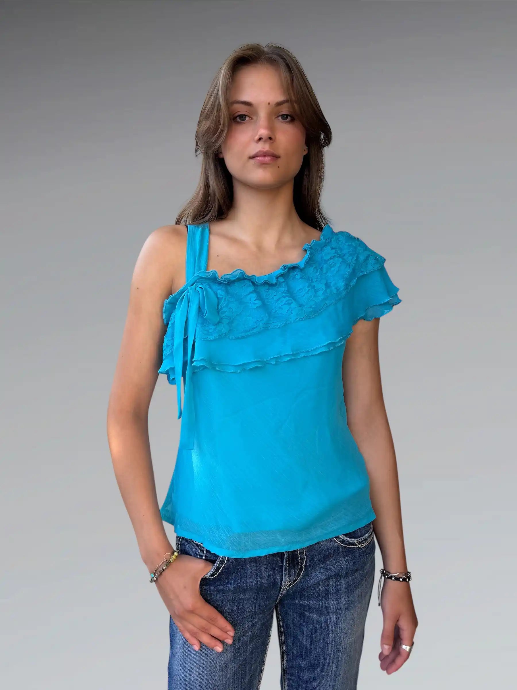 Aqua Ruffle One-Shoulder (S)