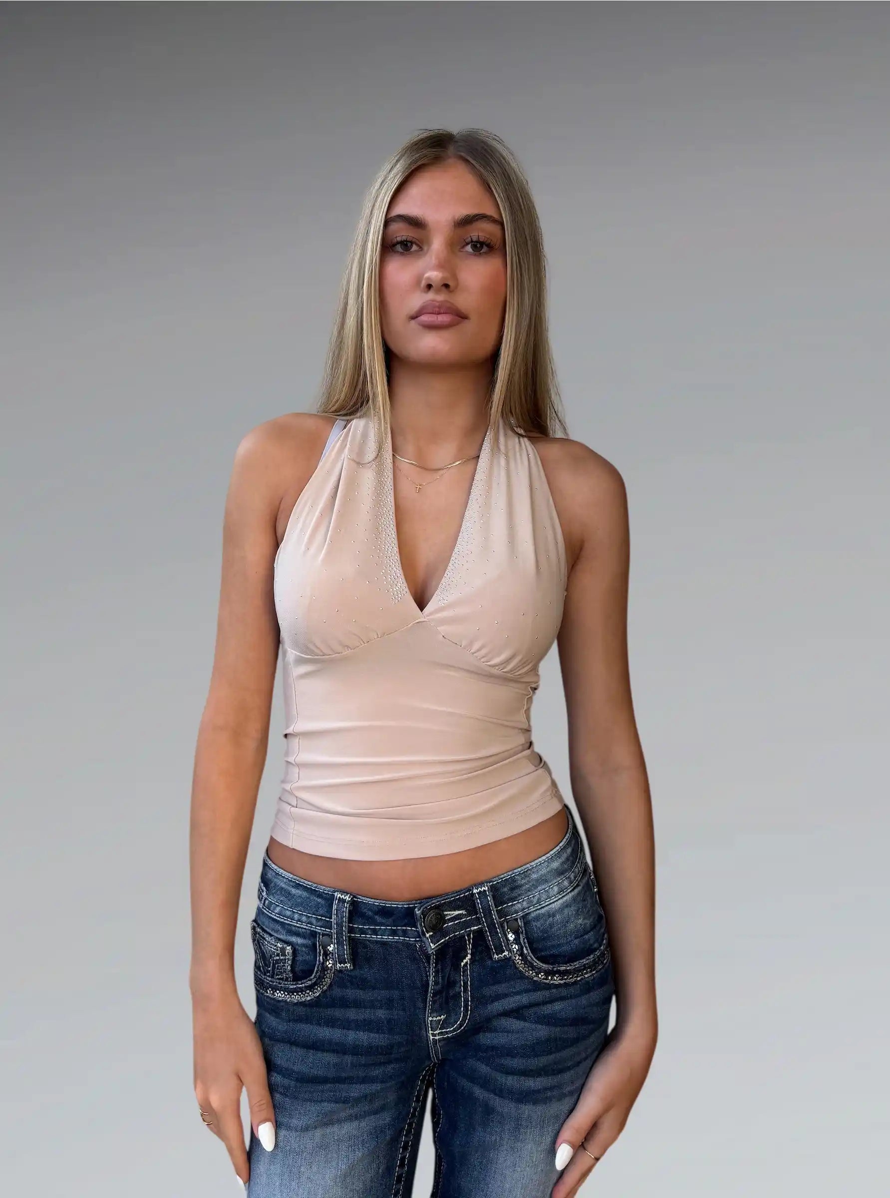 Beige Rhinestone Halter Neck Top (S)