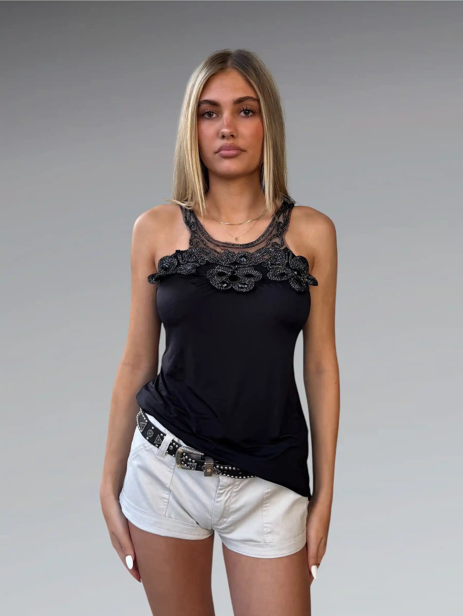 Black Beaded Floral Camisole (S)